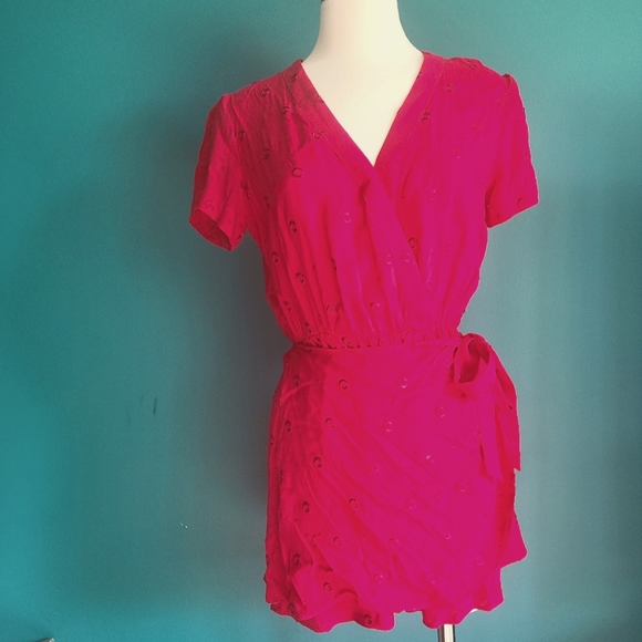 Ett:Twa Anthropologie hot pink polka dot embroidered romper v neck skort - Picture 1 of 7